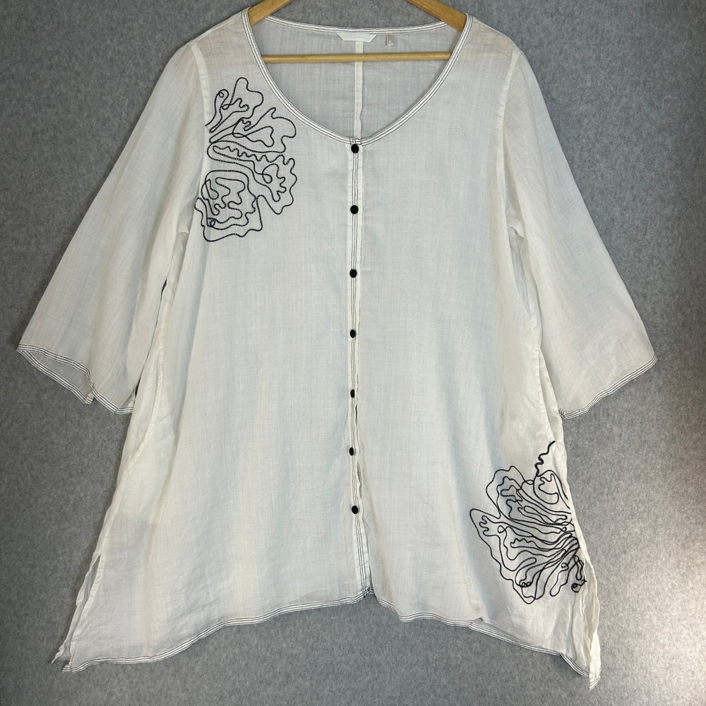 Kleen White Ramie Embroidered Floral‎ Button Front Tunic Top Flowy Size Medium